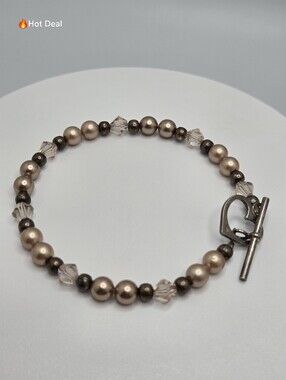 925 Sterling Silver Pearl Beaded Heart Charm Toggle Bracelet Bronze Champagne 8"